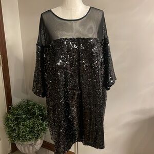 ROAMAN’S formal all over black sequins top / mesh neckline short sleeve PLUS 4X